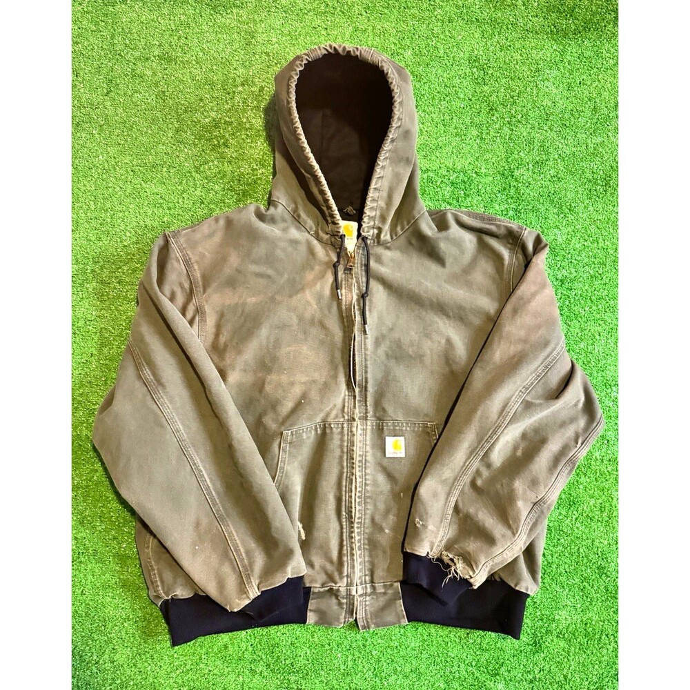 Y2K Carhartt Men’s Jacket Green Cotton Distressed Faded Hooded Full Zip Size LRG